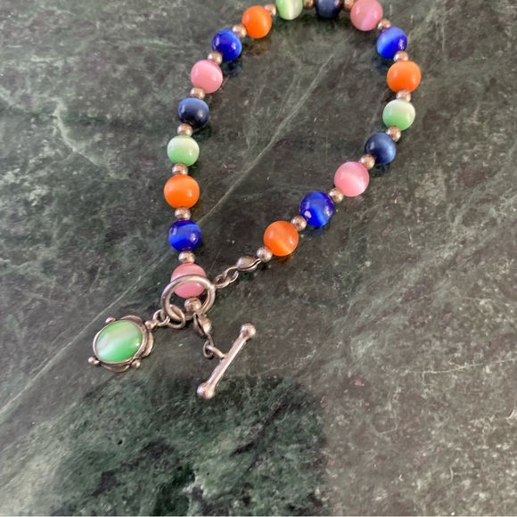 Multicolor Cats Eye And Beaded Sterling Silver Bracelet With Charm Toggle 7.25” - Picture 3 of 7